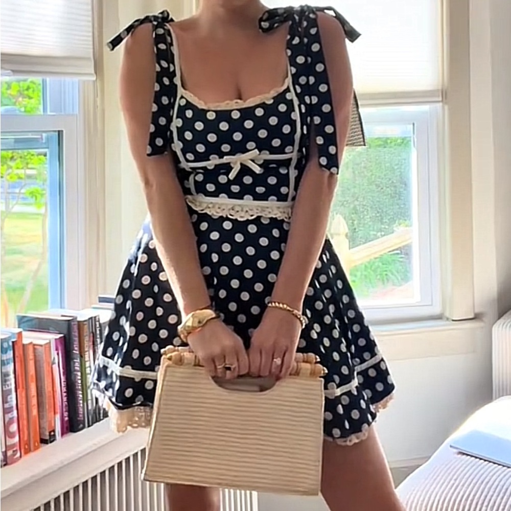 For Love & Lemons Dolly Denim Polka Dot Mini Dress Free People Size XL NEW $229 - Picture 6 of 16